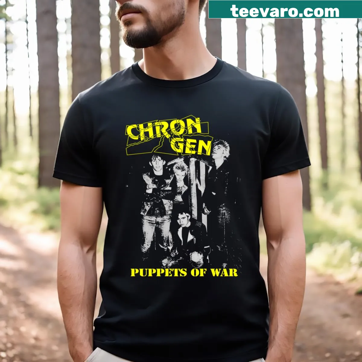 T-shirt with the text Puppets Of War in bold letters — on a men's t-shirt
