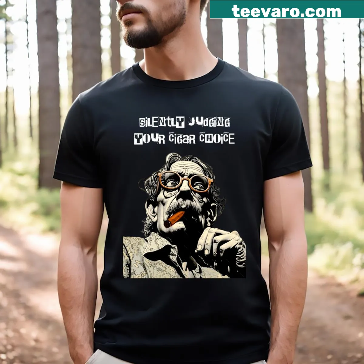Fitted T-shirt with a humorous cigar smoker graphic. — on a men's t-shirt