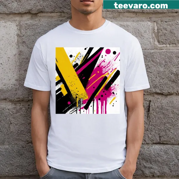 Abstract paint splatter design on a t-shirt.