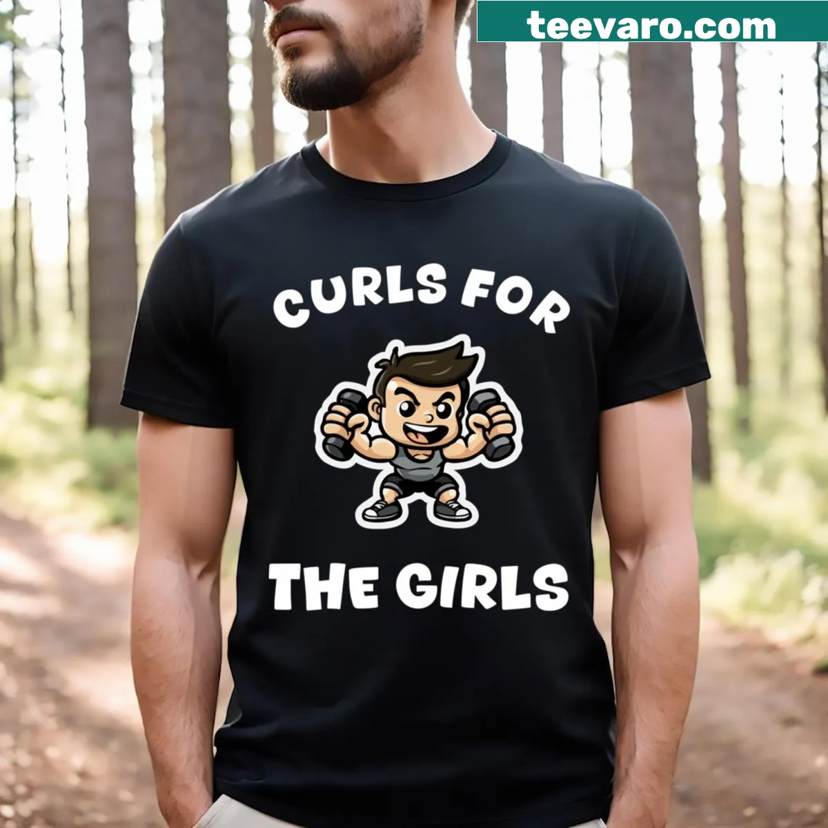 Playful gym-themed graphic saying 'Curls For The Girls' on T-shirt — on a men's t-shirt