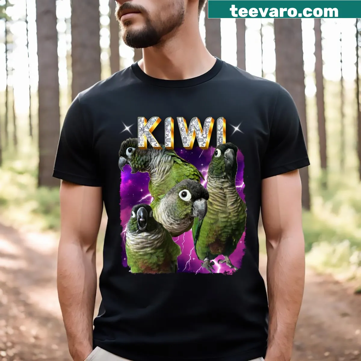 90s bootleg style Kiwi Conure graphic on a t-shirt — on a men's t-shirt