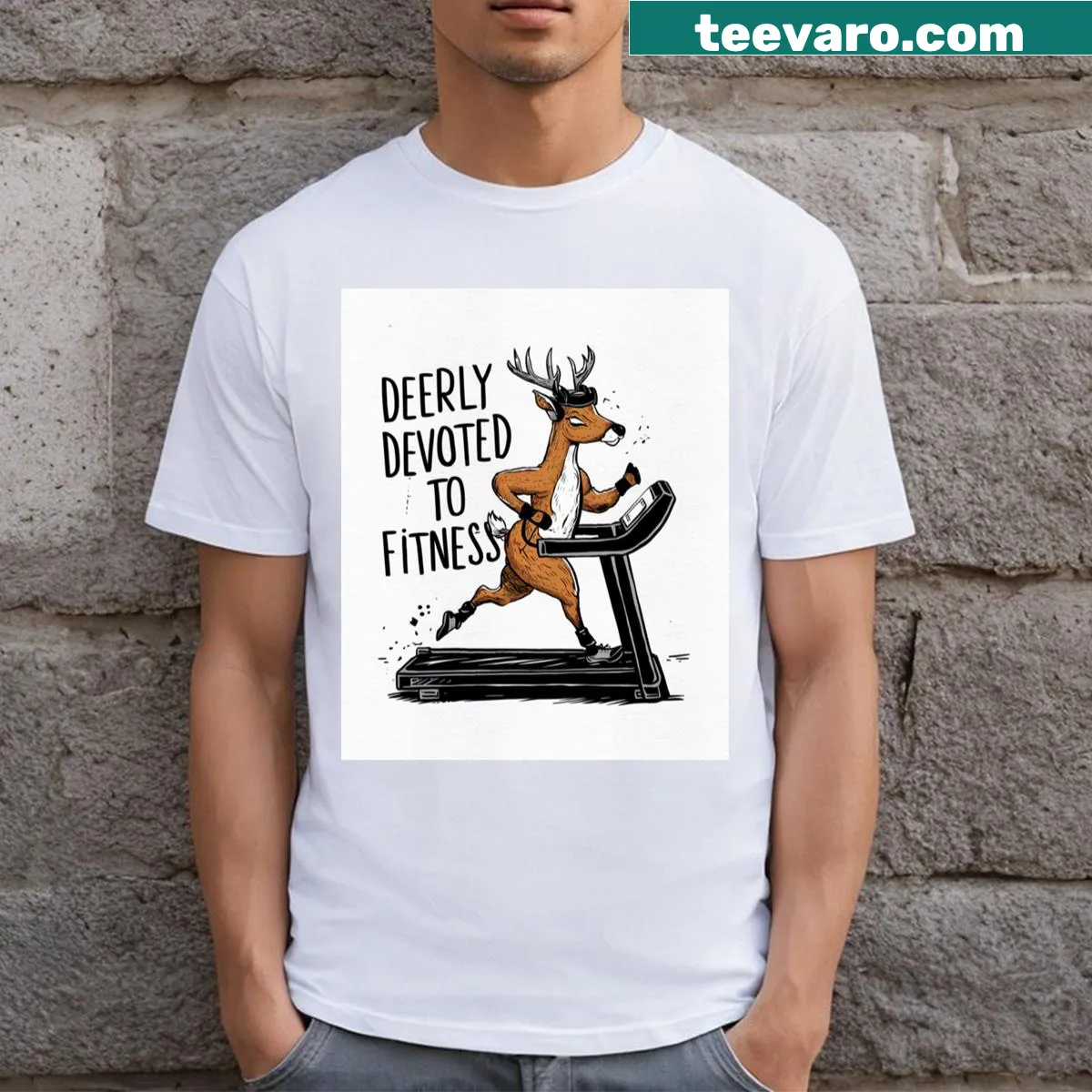 Deer graphic with text 'Deerly Devoted To Fitness' t-shirt — on a men's t-shirt