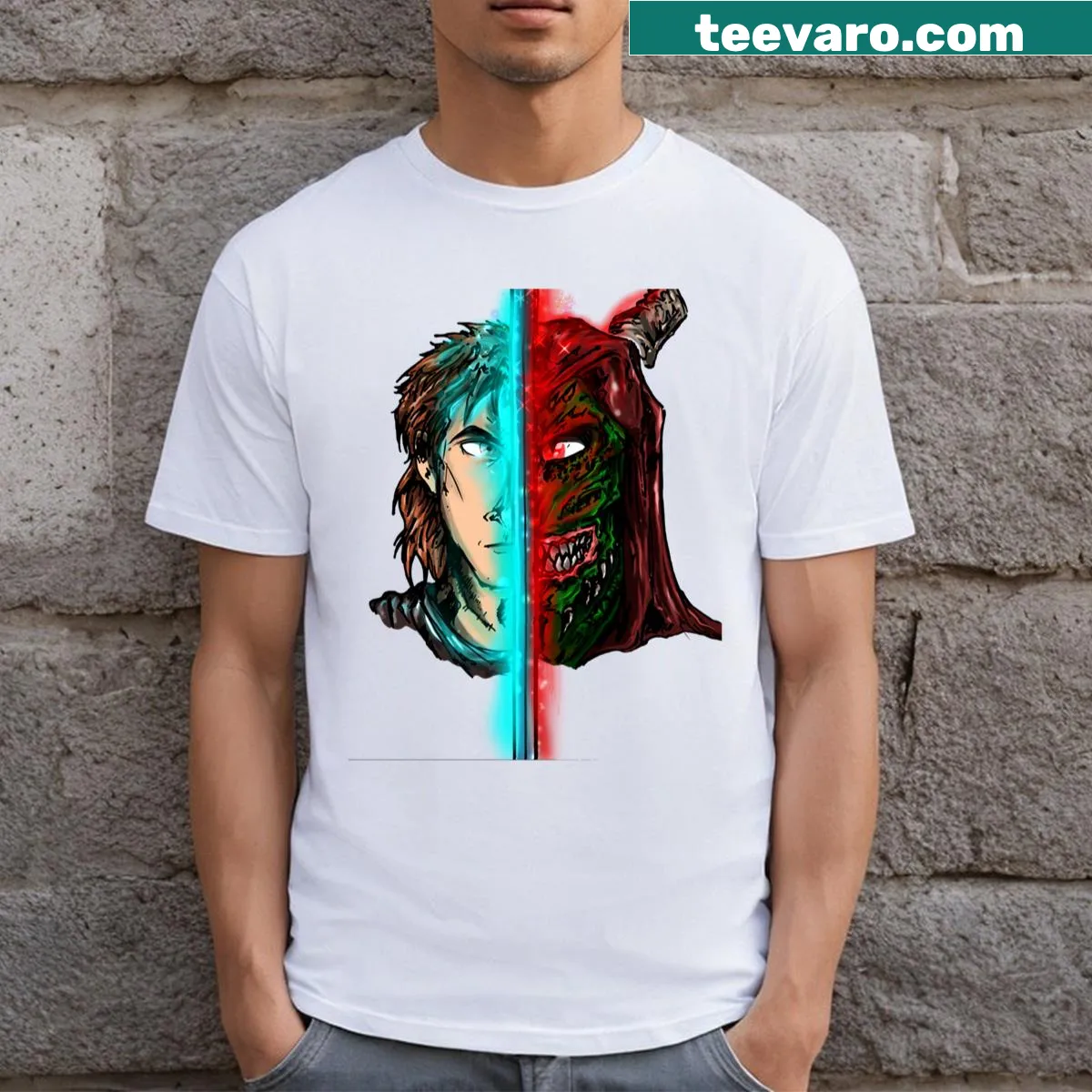 Illustrative T-shirt depicting a whimsical demon and angel design. — on a men's t-shirt