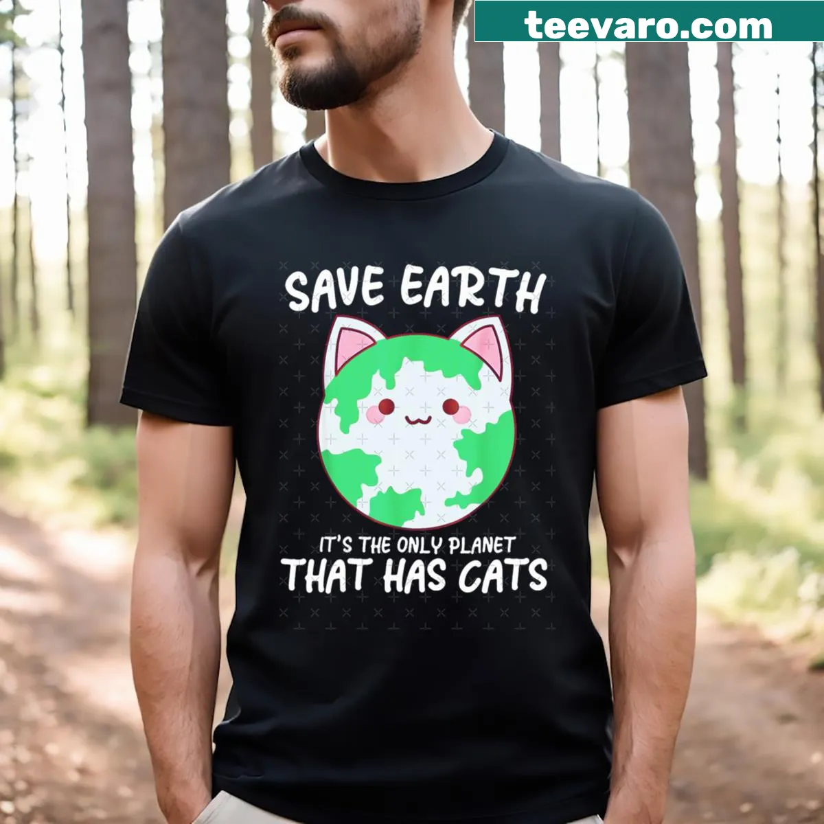 Earth Day shirt with a cat graphic and text encouraging saving the Earth — on a men's t-shirt