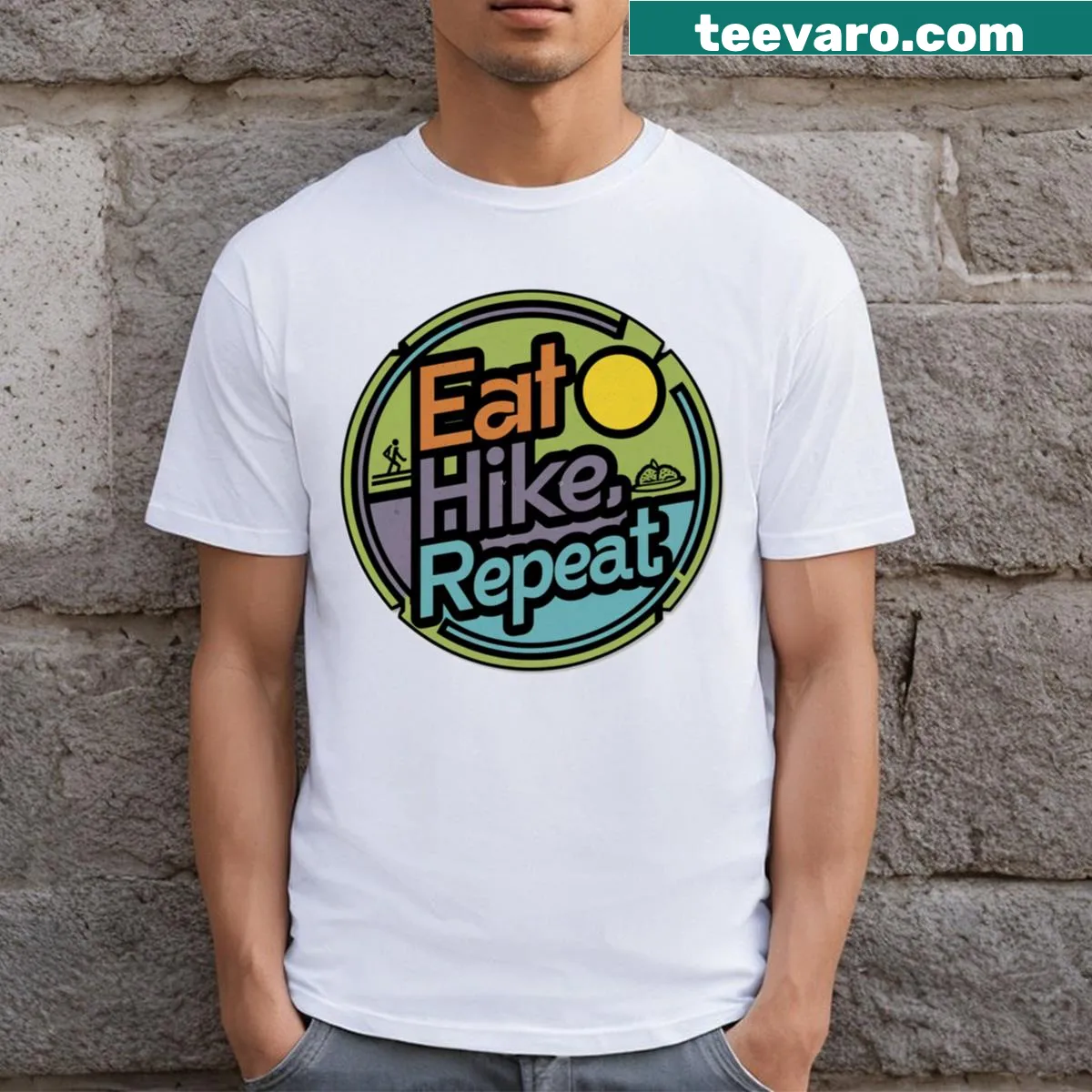 Eat Hike Repeat typography t-shirt for outdoor enthusiasts — on a men's t-shirt
