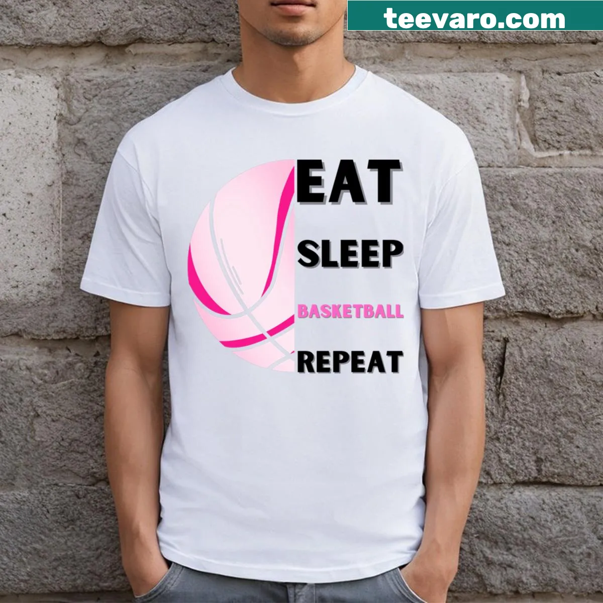 T-shirt with the phrase 'Eat Sleep Basketball Repeat' for basketball fans — on a men's t-shirt