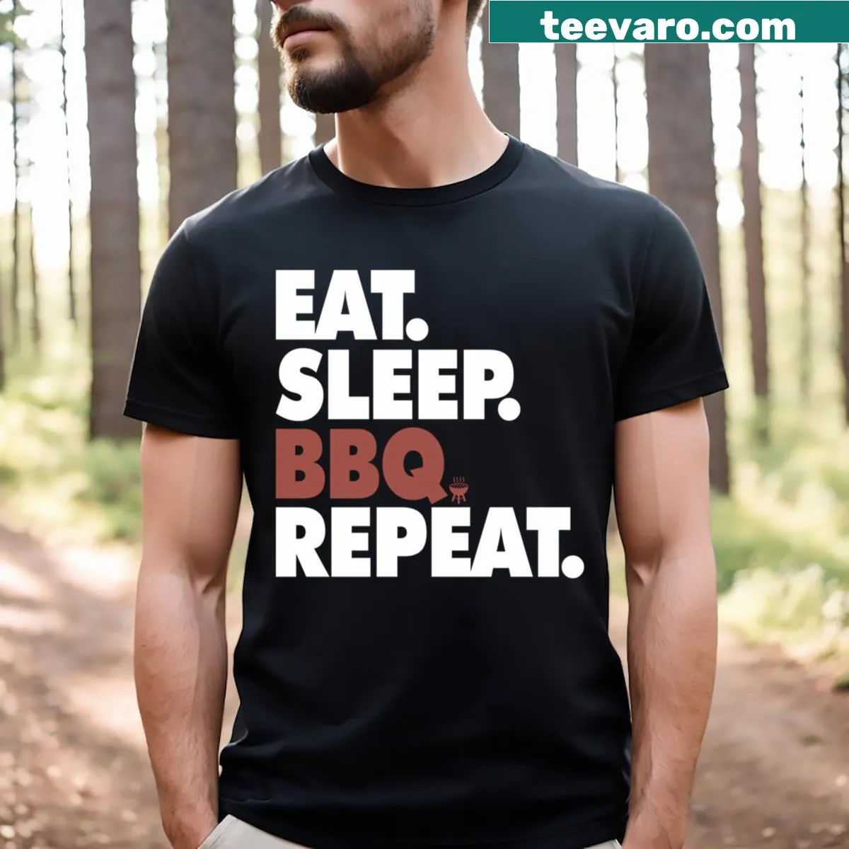 Funny Eat Sleep BBQ Repeat t-shirt for grilling lovers — on a men's t-shirt