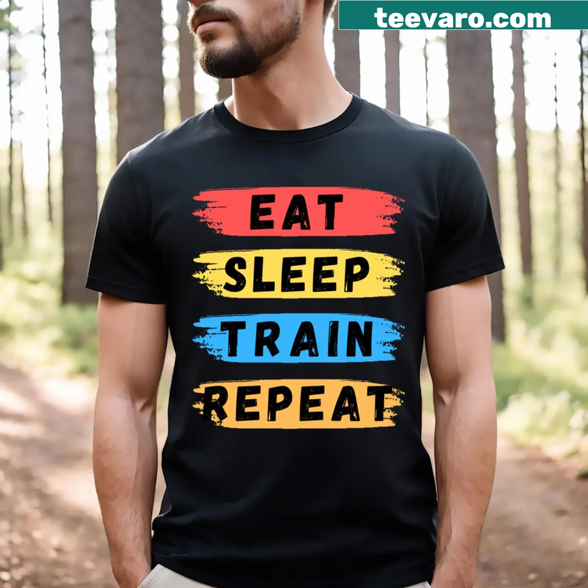 Eat Sleep Train Repeat T-shirt featuring playful typography — on a men's t-shirt