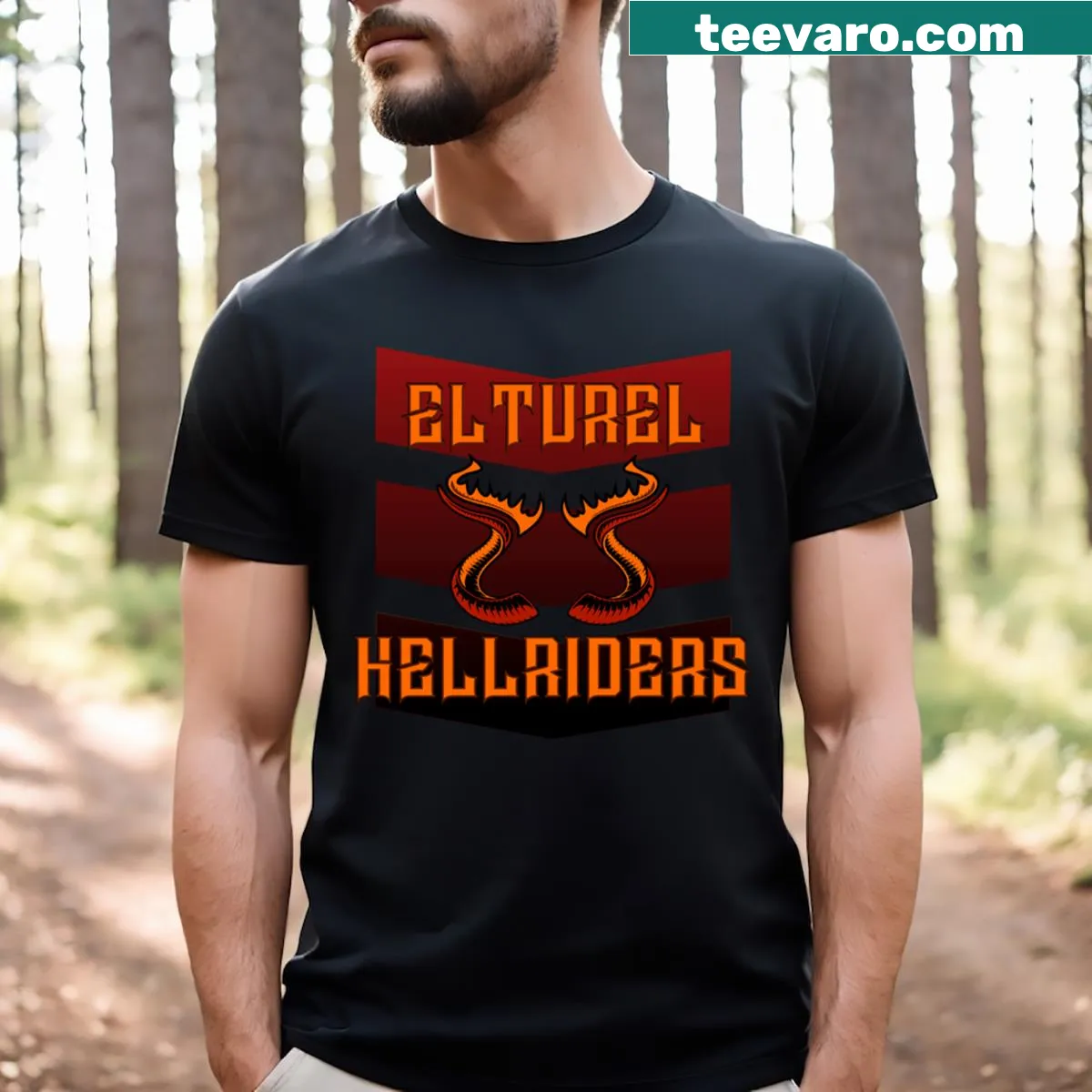 Professional logo T-shirt featuring the Elturel Hellriders emblem — on a men's t-shirt