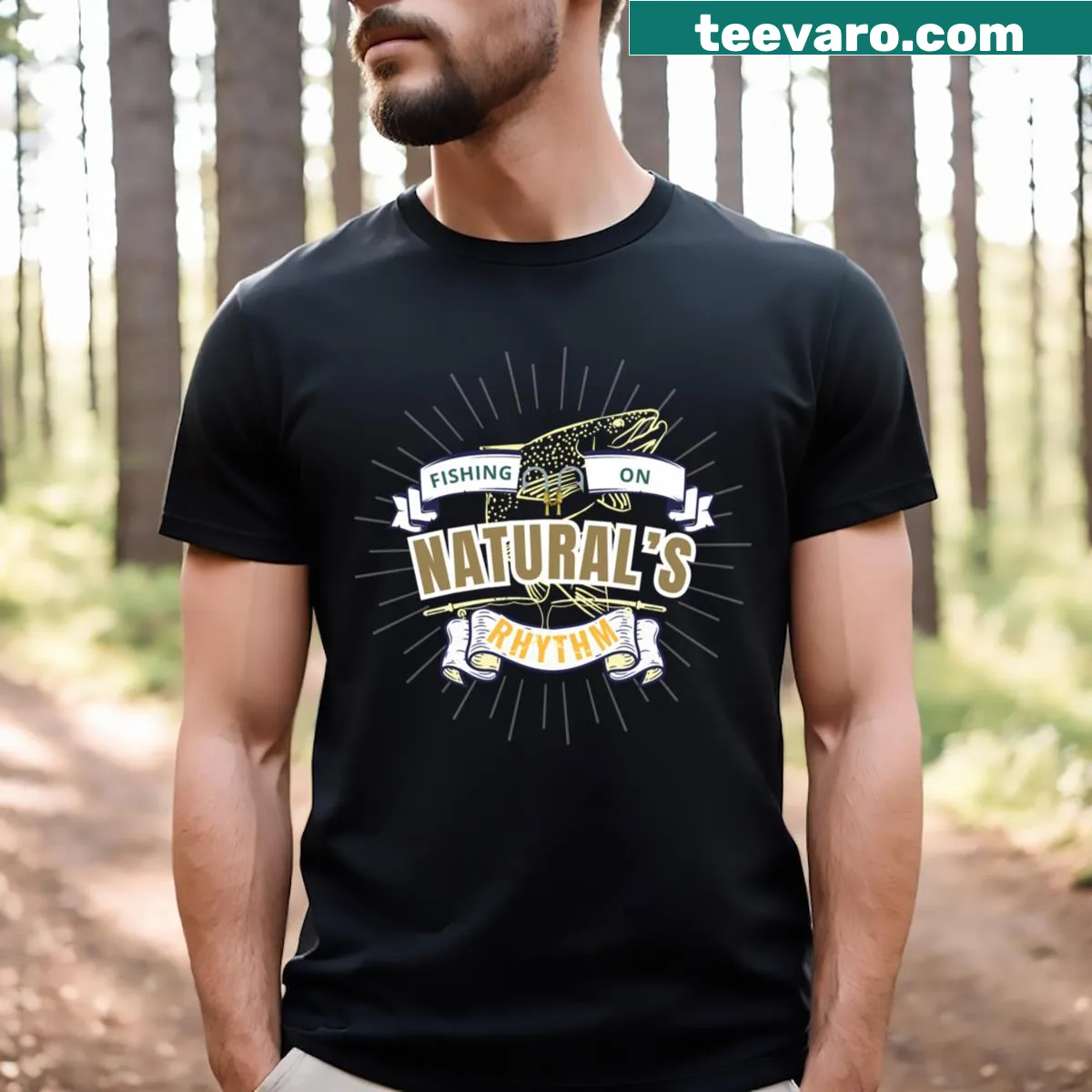 T-shirt featuring the phrase 'Fishing On Natural's Rhythm' with an outdoor theme — on a men's t-shirt