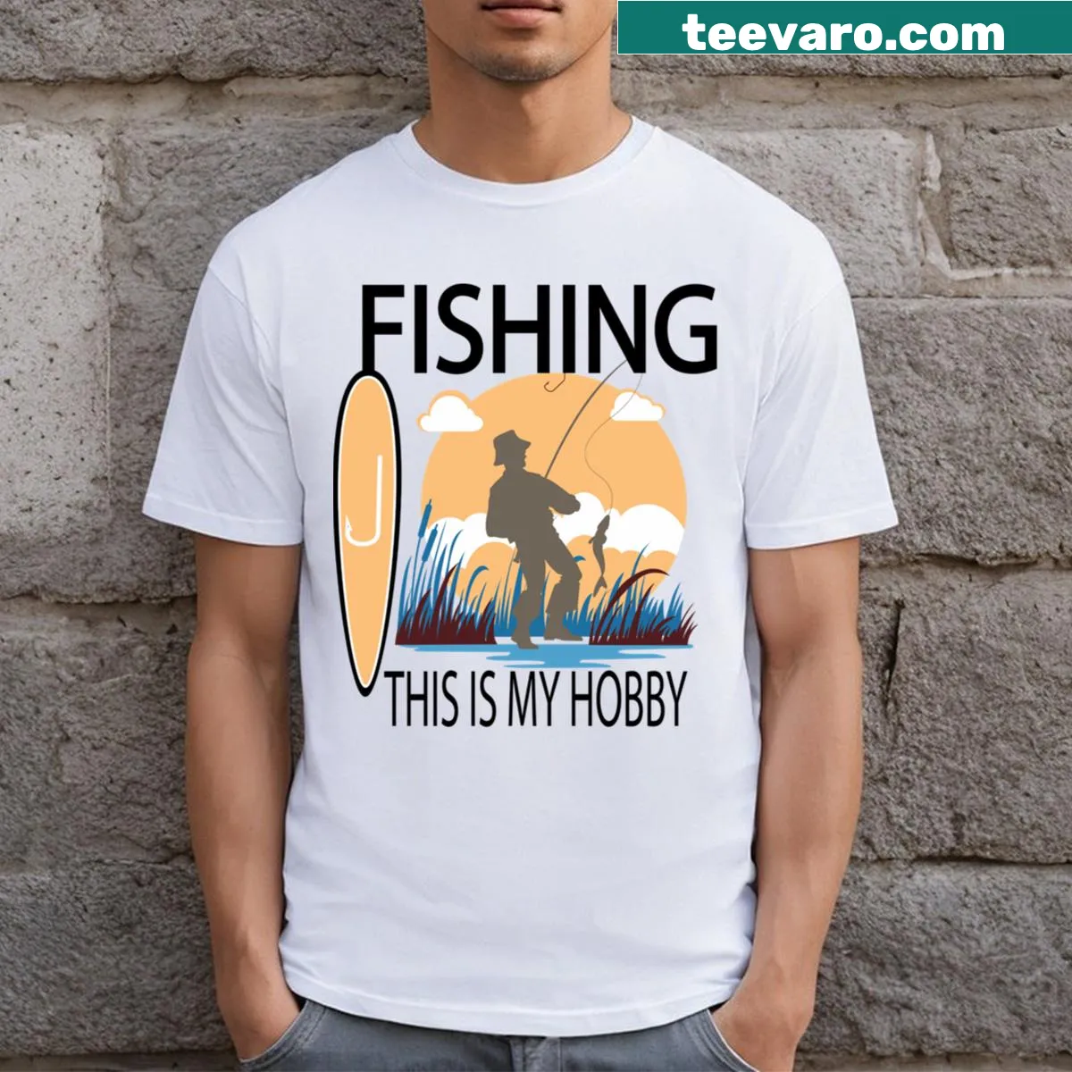 Typography design that emphasizes fishing as a hobby on a T-shirt. — on a men's t-shirt