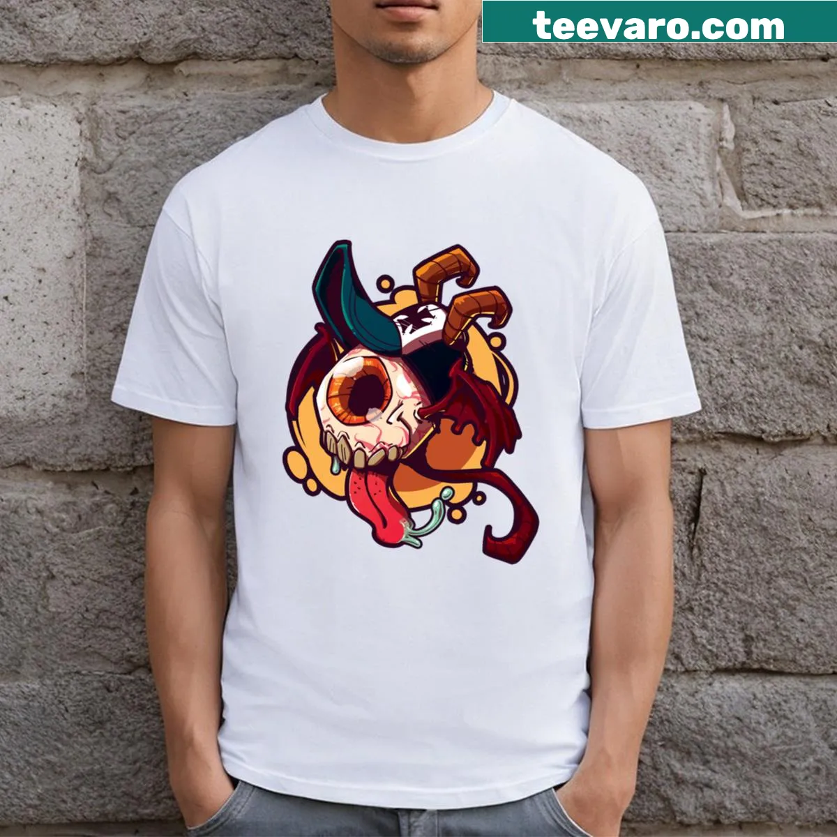 Bold T-shirt featuring flying devils and an eyeball graphic — on a men's t-shirt