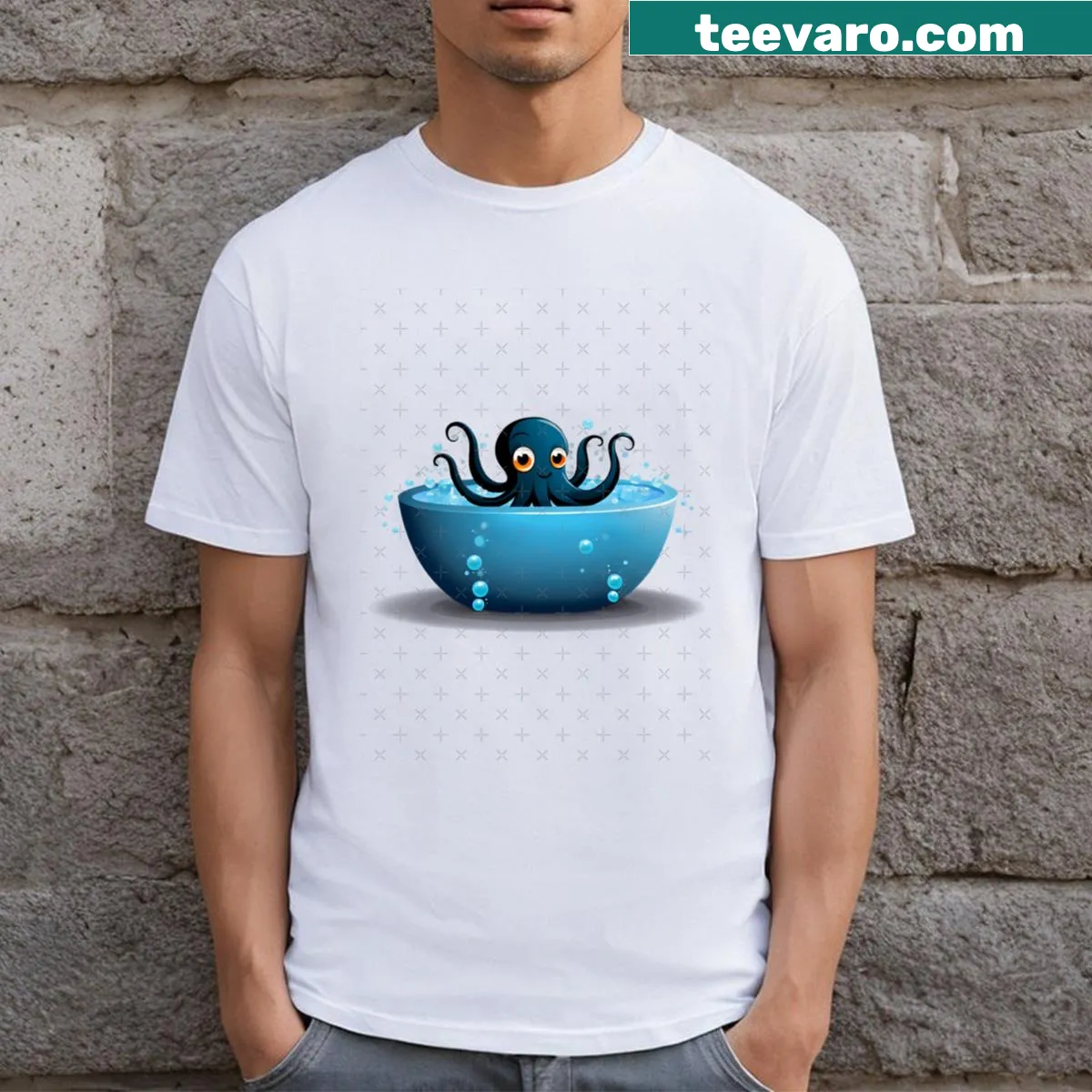 T-shirt featuring a playful illustration of a four-armed octopus in a bath — on a men's t-shirt
