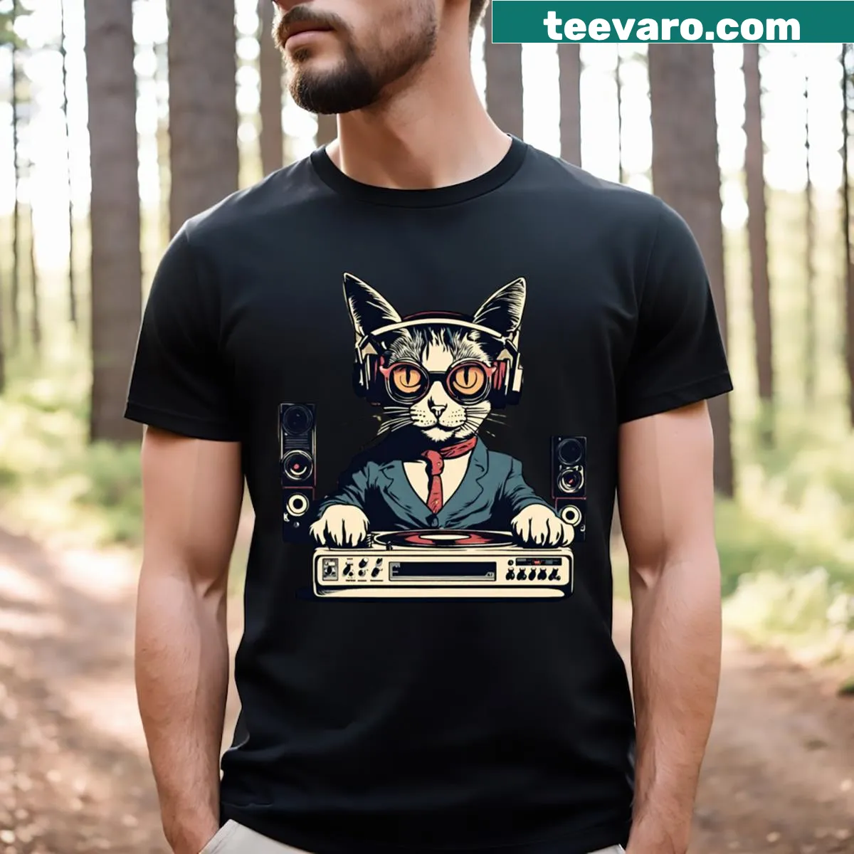 Vintage retro cat t-shirt featuring a DJ cat design — on a men's t-shirt