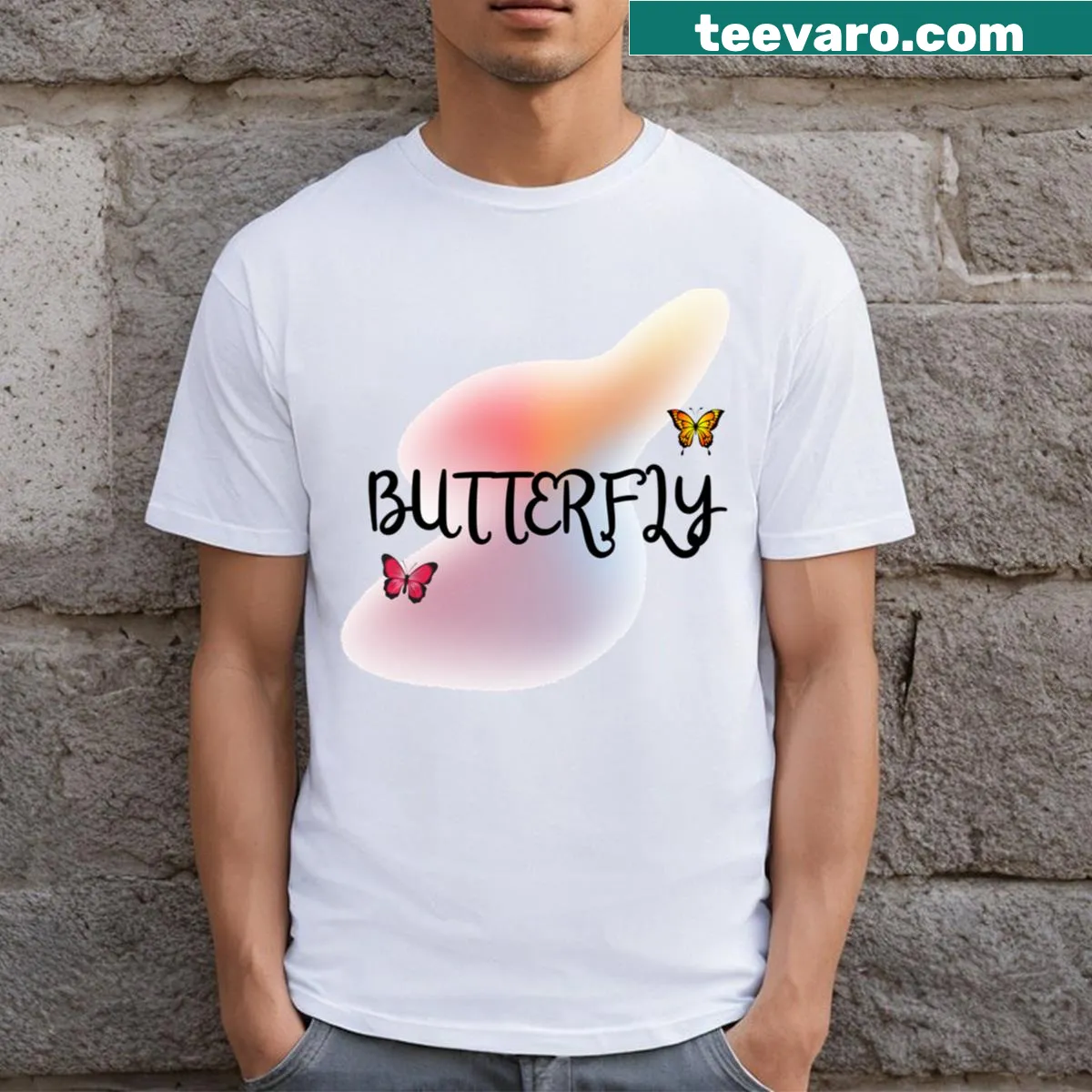 Illustrated butterflies on a fun t-shirt celebrating spring — on a men's t-shirt