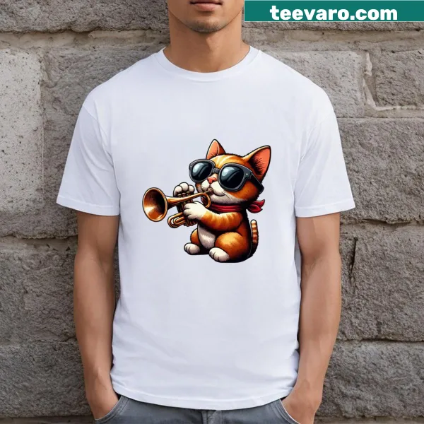 Fun cat in sunglasses playing trumpet illustration on T-shirt