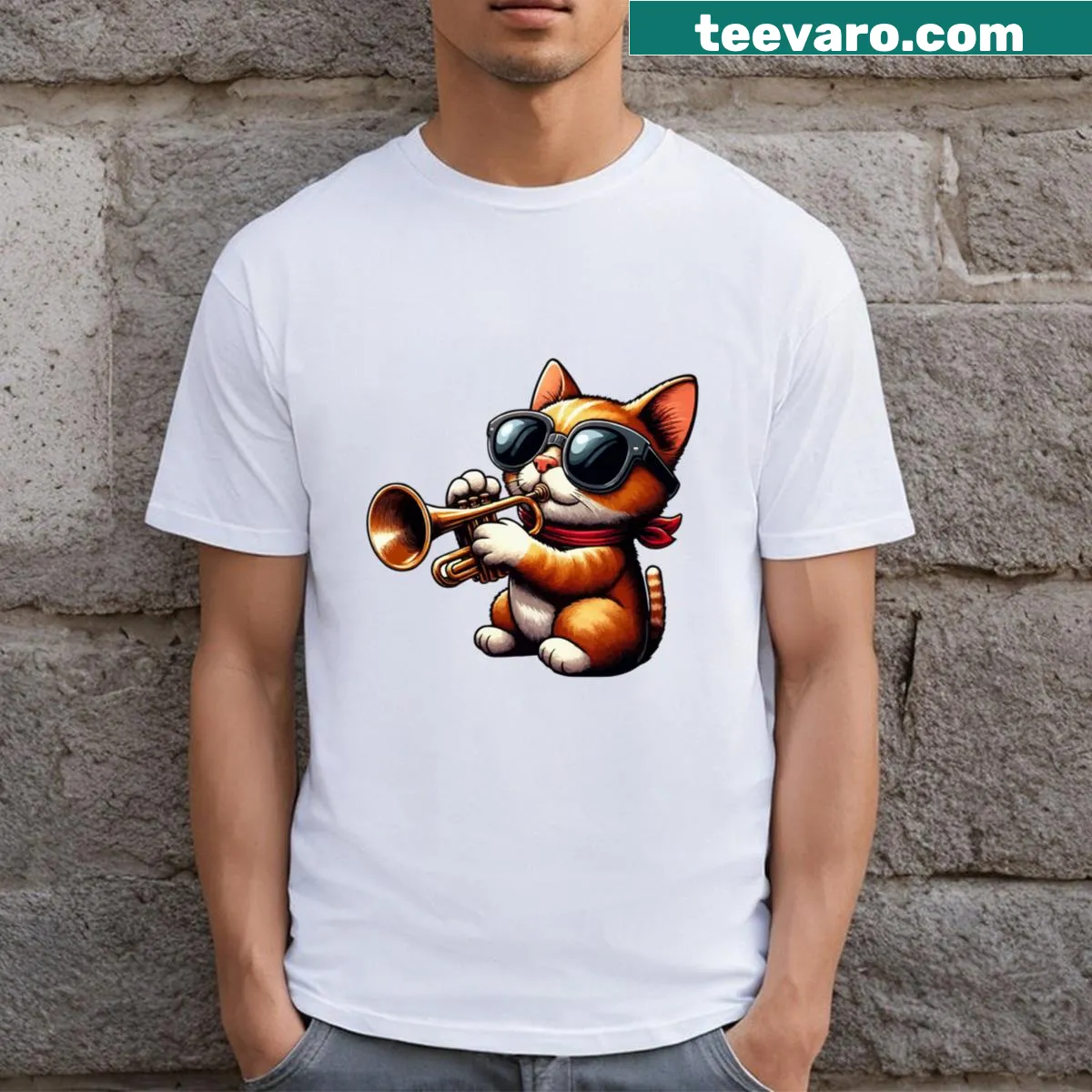 Fun cat in sunglasses playing trumpet illustration on T-shirt — on a men's t-shirt