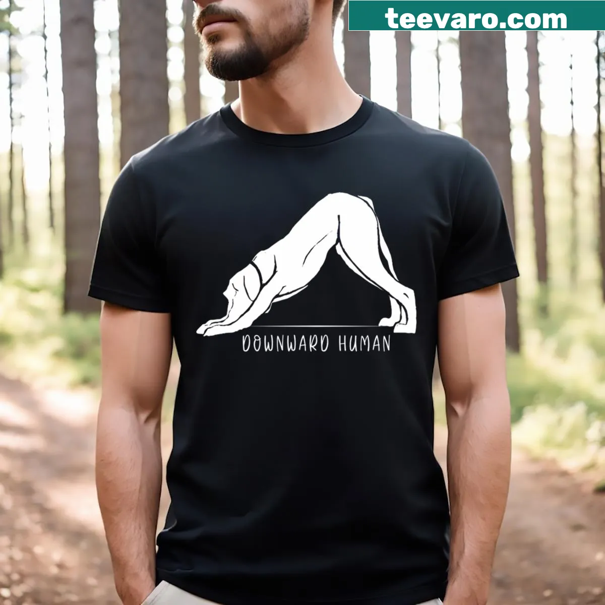 Funny t-shirt with cartoon dog practicing downward yoga pose — on a men's t-shirt