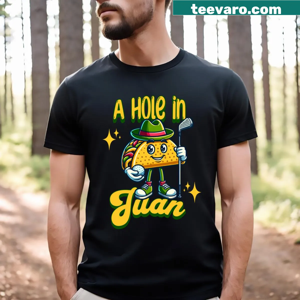 Humorous taco and golf-themed graphic on T-shirt — on a men's t-shirt