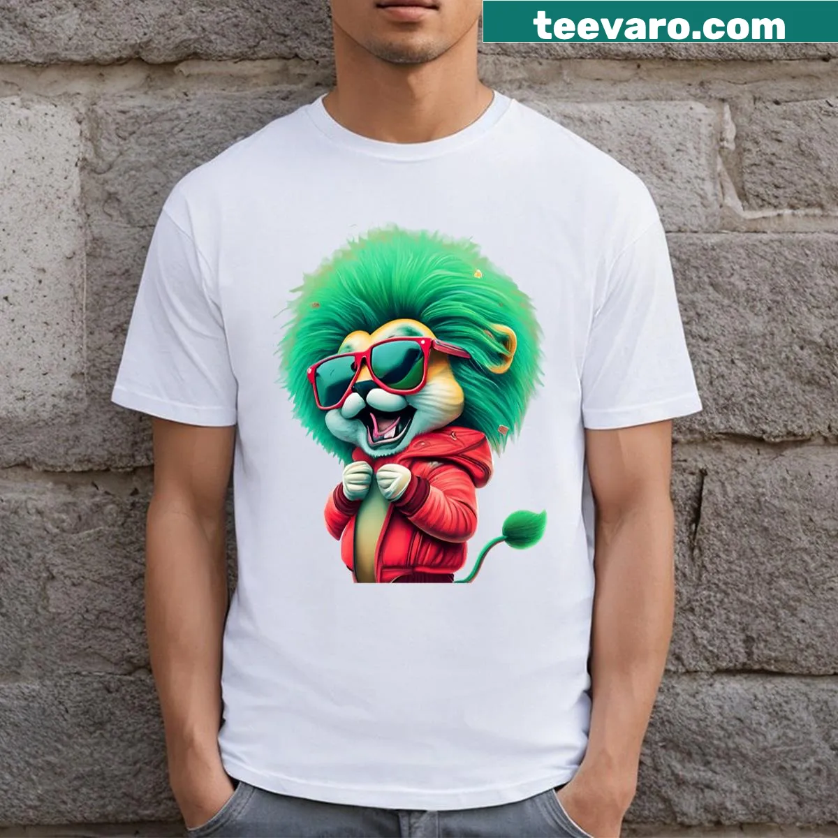 Funny Lion T-shirt with a playful cartoon lion illustration — on a men's t-shirt