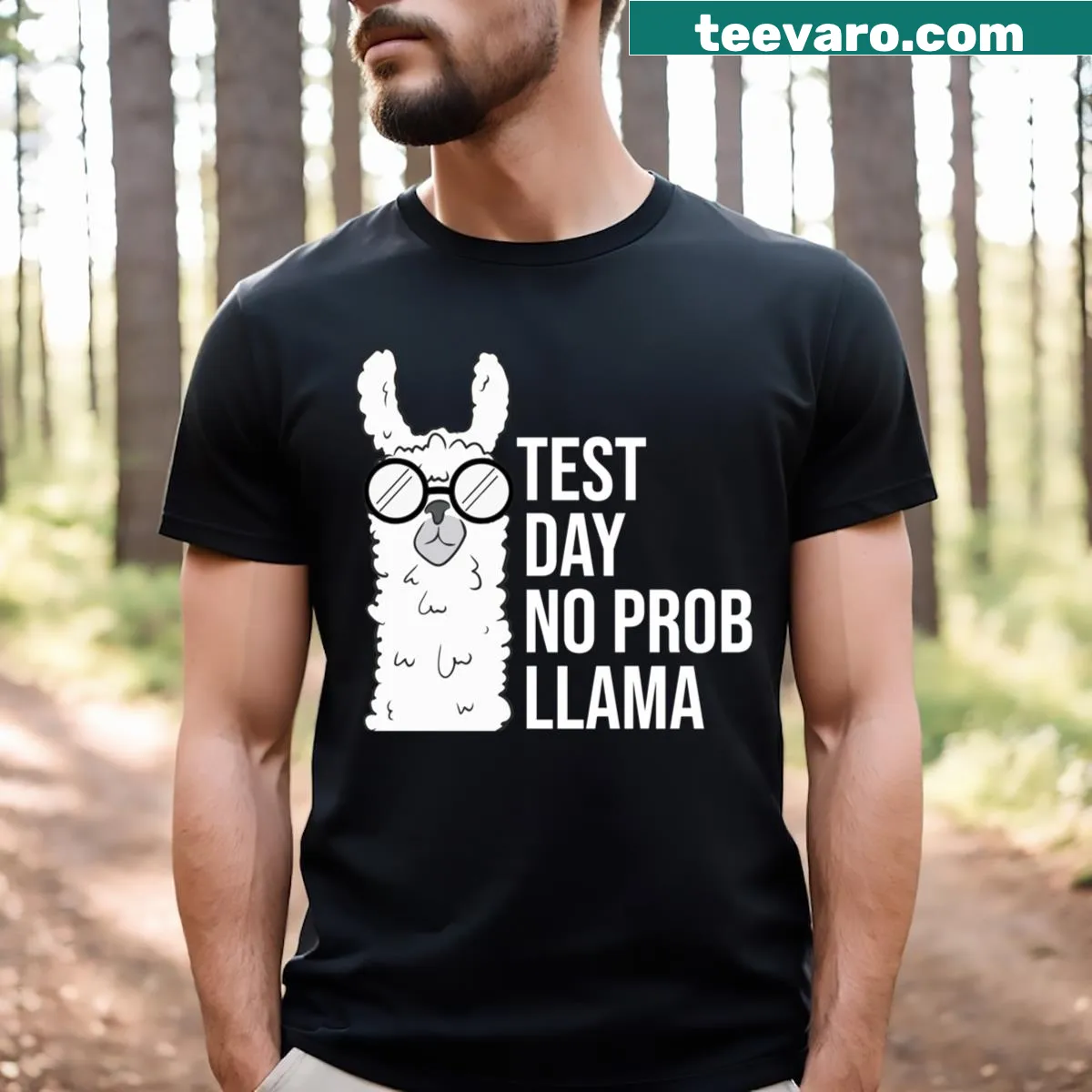 T-shirt with a llama graphic and the phrase 'No Prob Llama' for test days — on a men's t-shirt