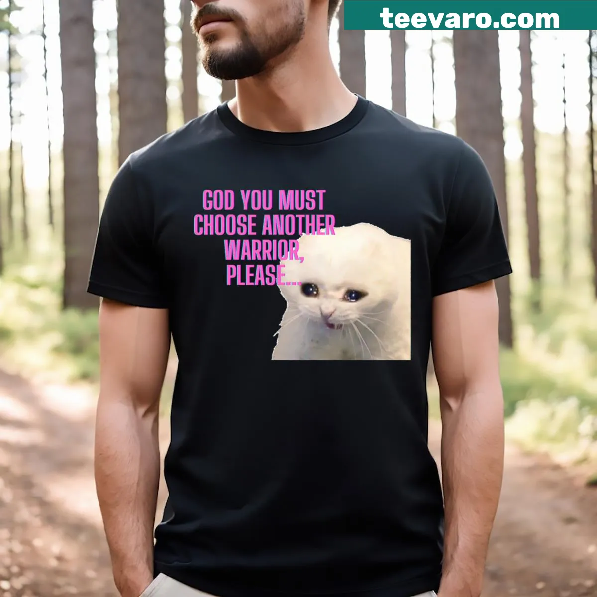 Funny cat-themed T-shirt with 'Choose Another Warrior' quote — on a men's t-shirt