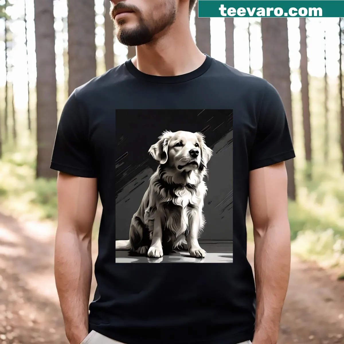 Black and white pop art Golden Retriever t-shirt featuring a dog's face — on a men's t-shirt
