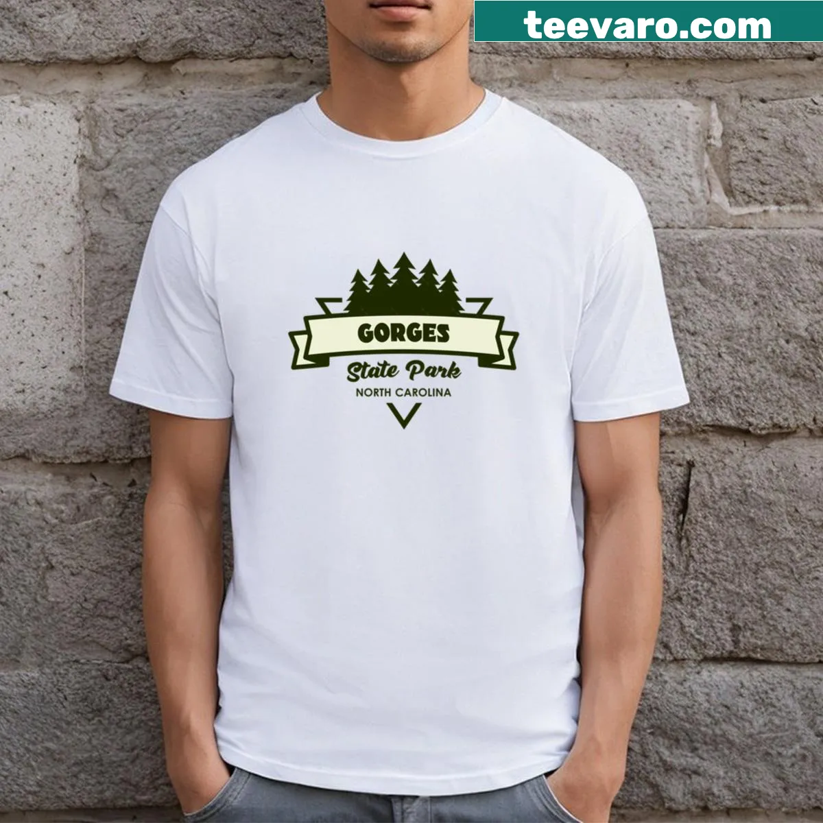 Artistic T-shirt depicting trees and ribbons inspired by Gorges State Park — on a men's t-shirt