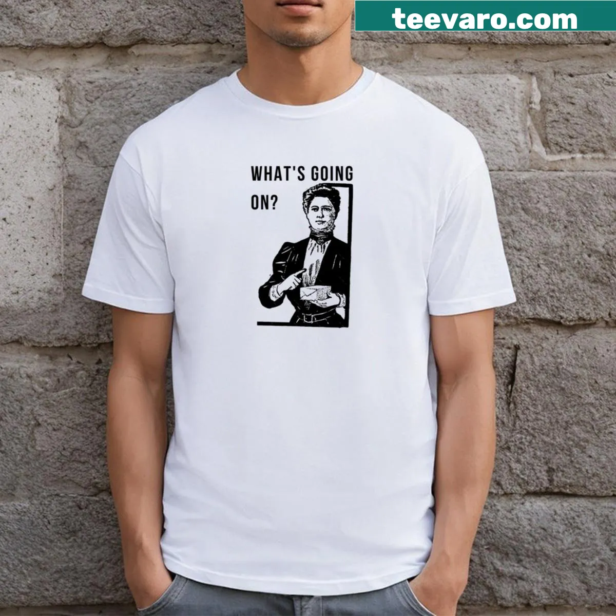 Funny cartoon graphic of a gossiping mom meme on a t-shirt — on a men's t-shirt