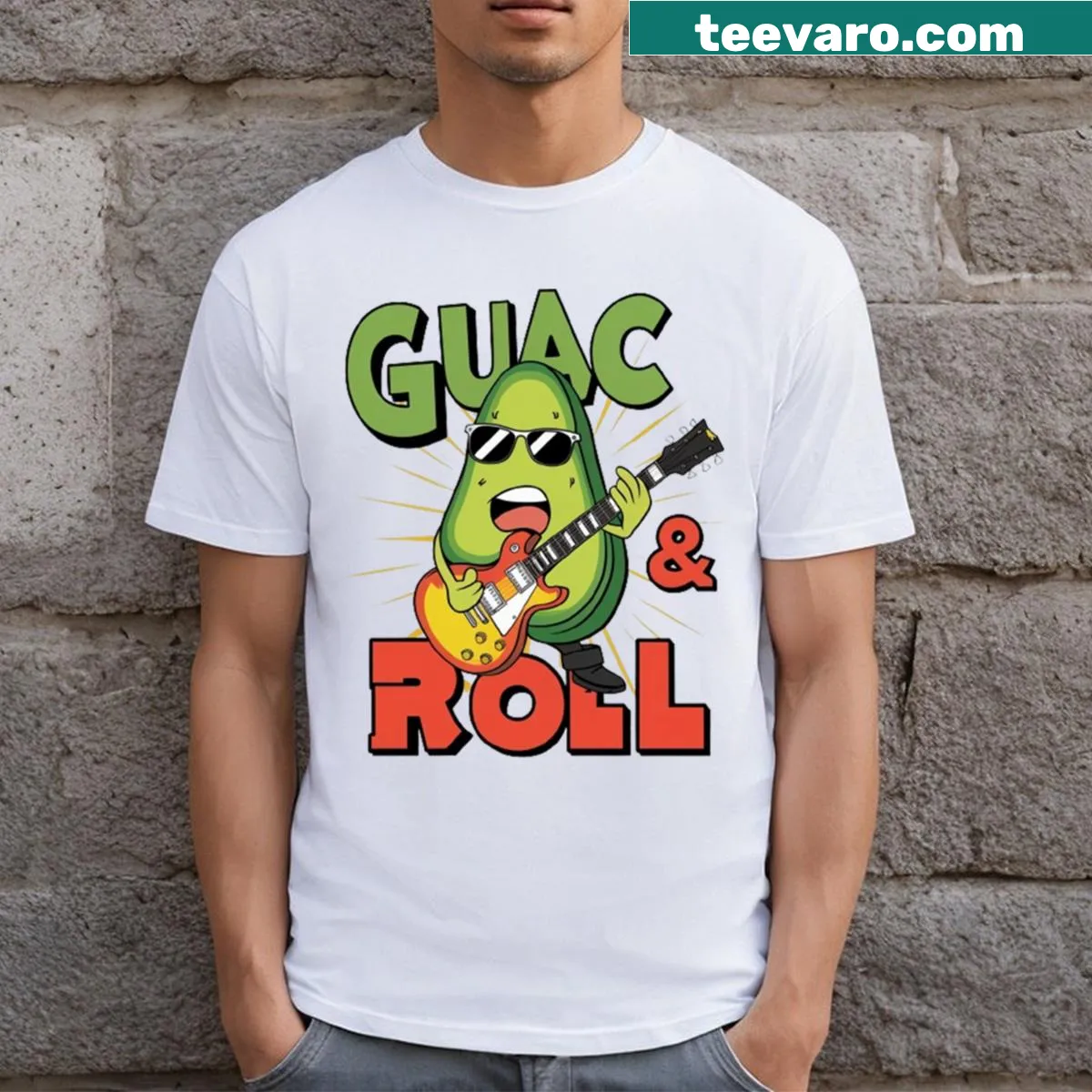 Fun T-shirt featuring an avocado in a jam session — on a men's t-shirt