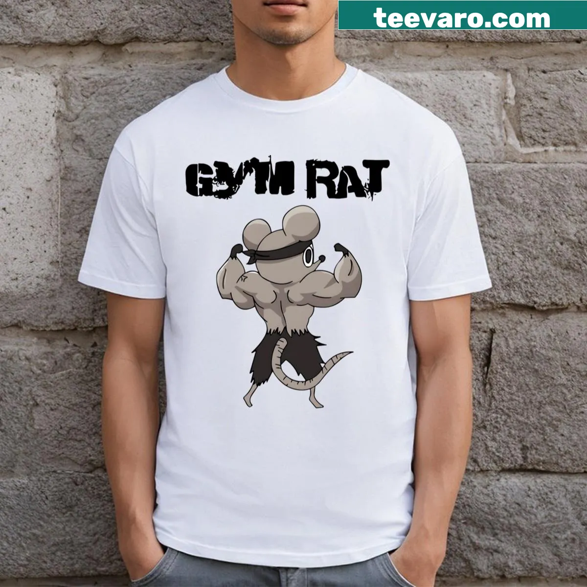 T-shirt with bold Gym Rat typography for fitness enthusiasts — on a men's t-shirt