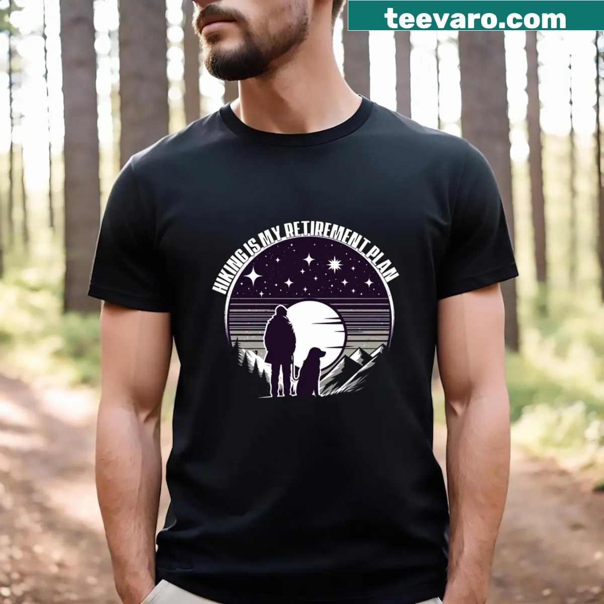 Graphic t-shirt celebrating hiking and dogs as a retirement plan. — on a men's t-shirt