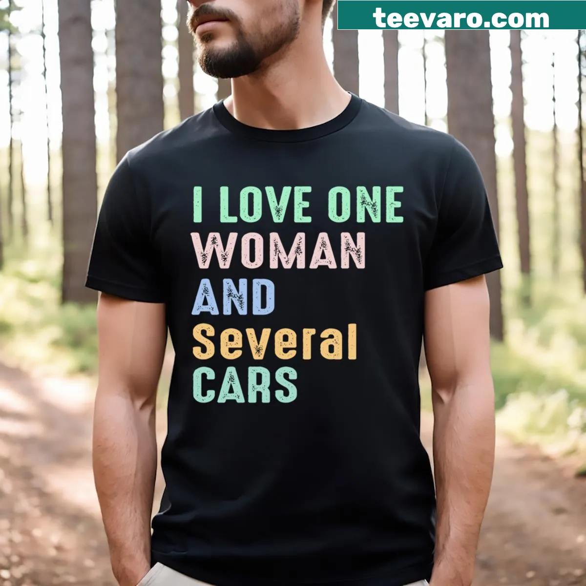 Funny car-themed t-shirt with text about love for a woman and cars — on a men's t-shirt