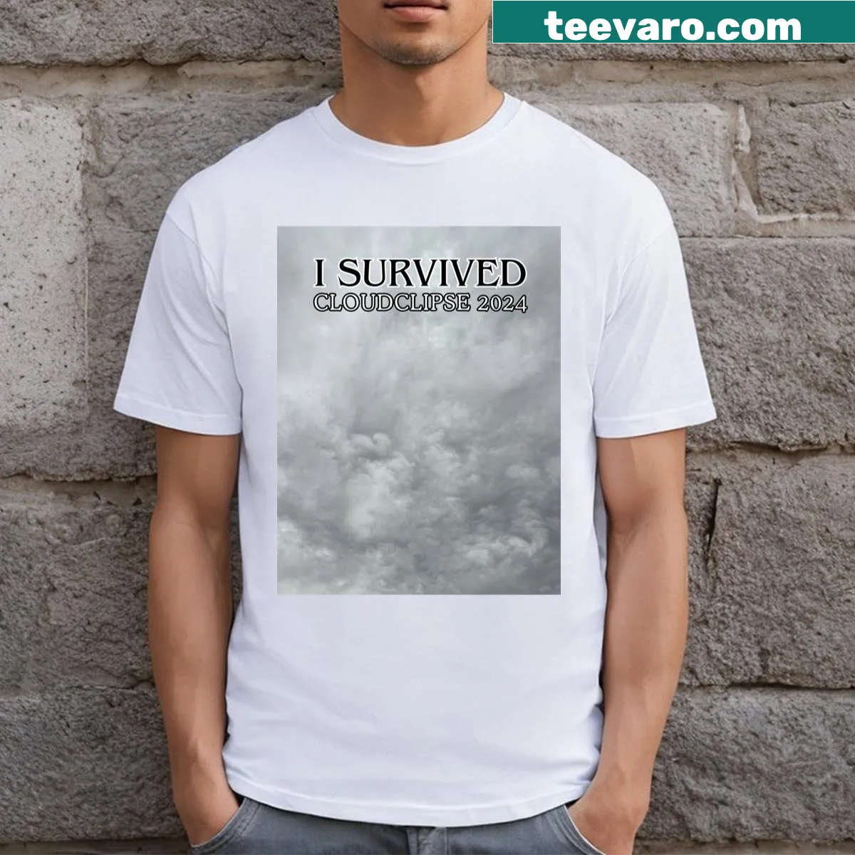 Comical graphic T-shirt about surviving the 2024 eclipse — on a men's t-shirt