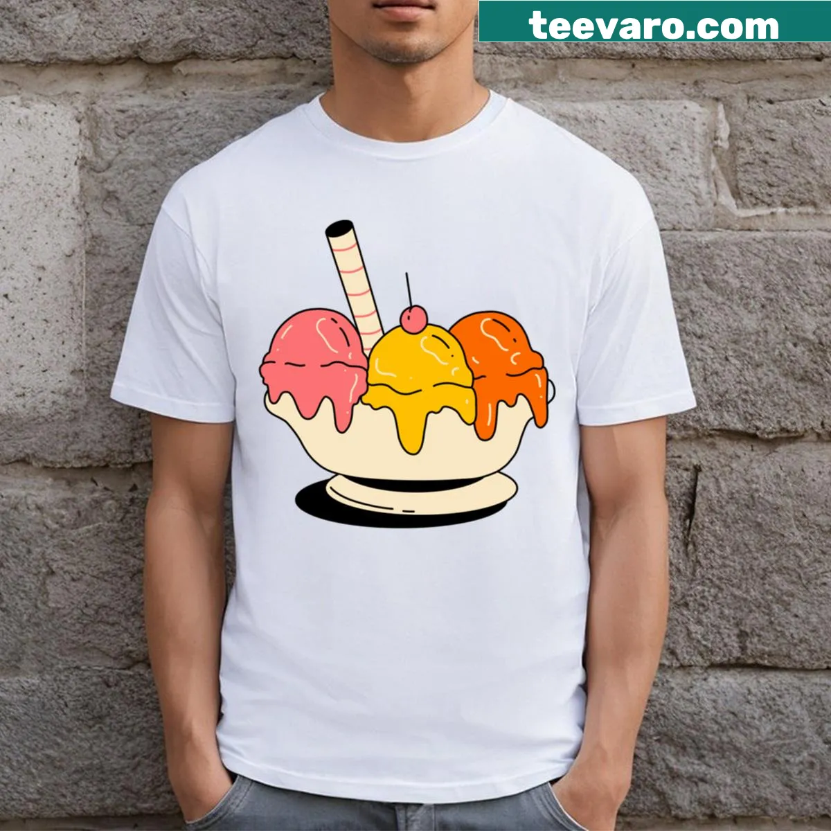 Whimsical Ice Cream T-shirt featuring playful ice cream cone illustrations — on a men's t-shirt