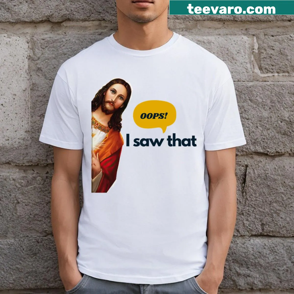 Humorous meme-inspired faith T-shirt design with playful text — on a men's t-shirt