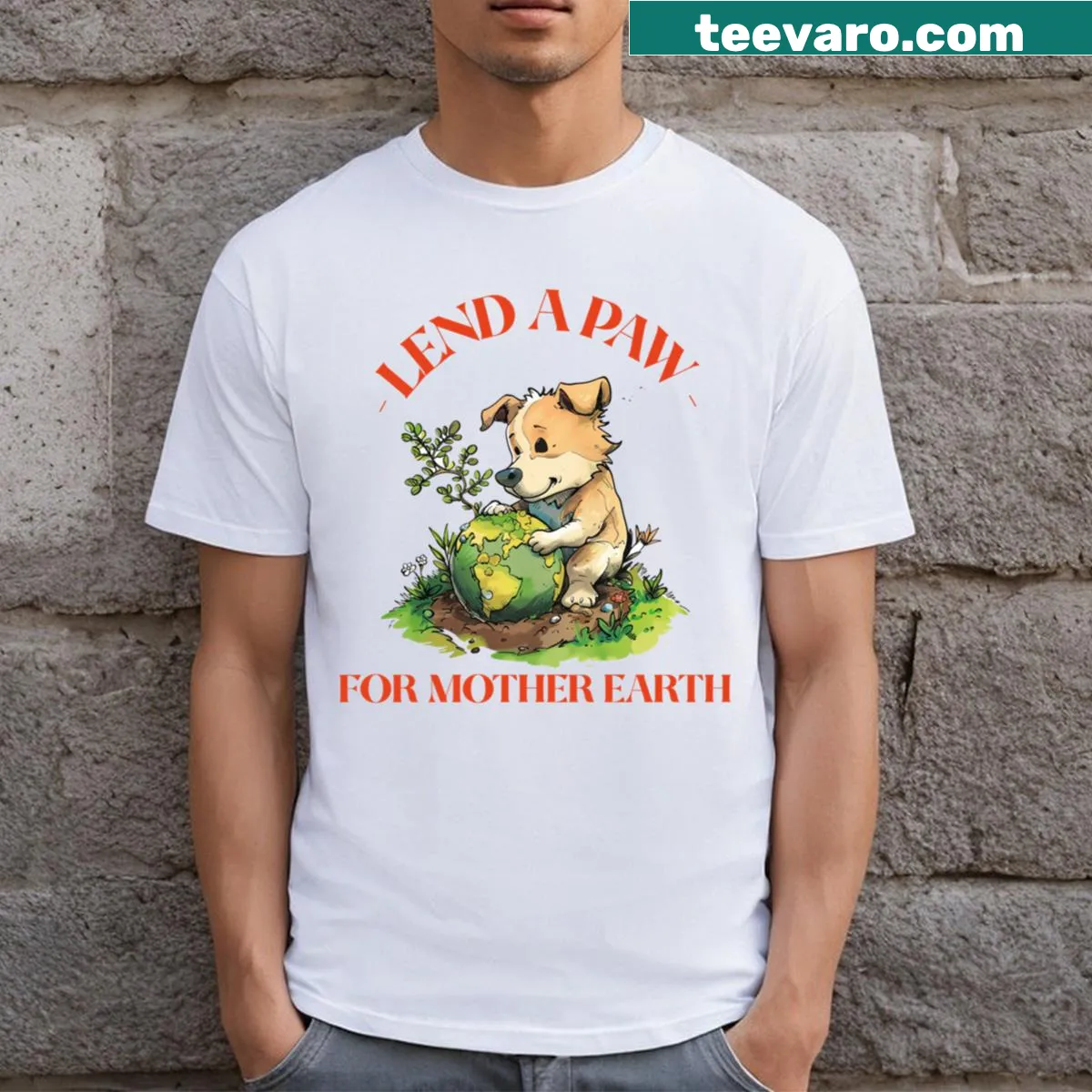 Environmental awareness t-shirt with the slogan 'Lend A Paw For Mother Earth' — on a men's t-shirt
