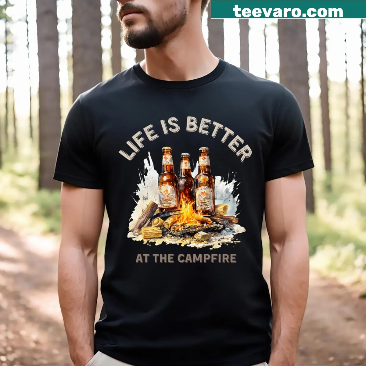Camping lover T-shirt with the phrase Life Is Better At The Campfire — on a men's t-shirt