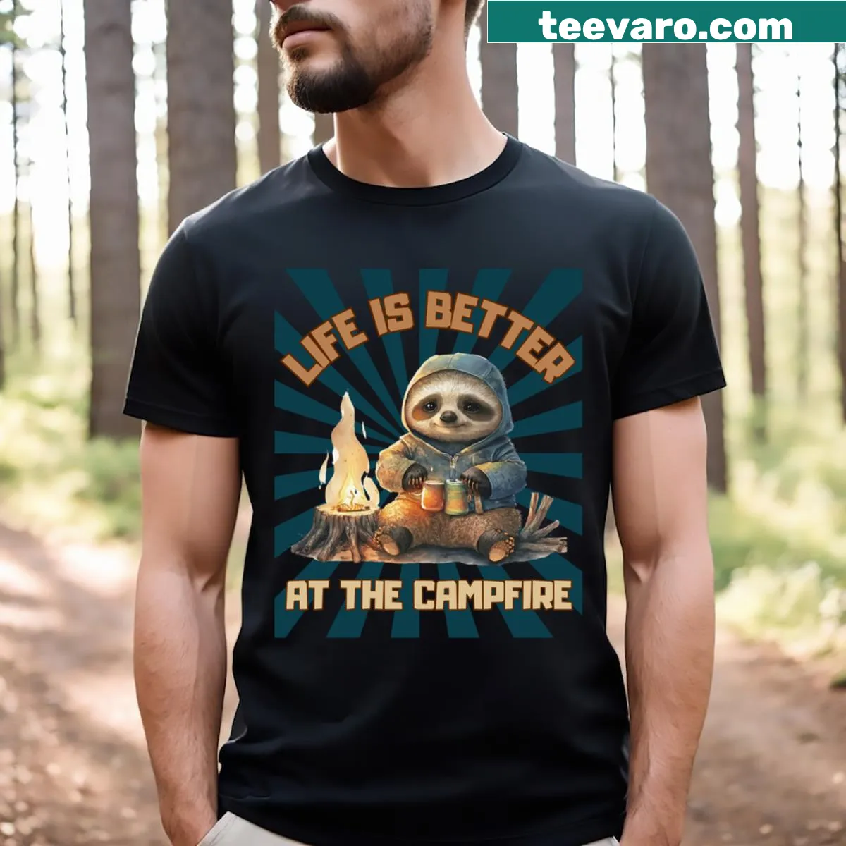 T-shirt featuring a campfire graphic celebrating outdoor life — on a men's t-shirt