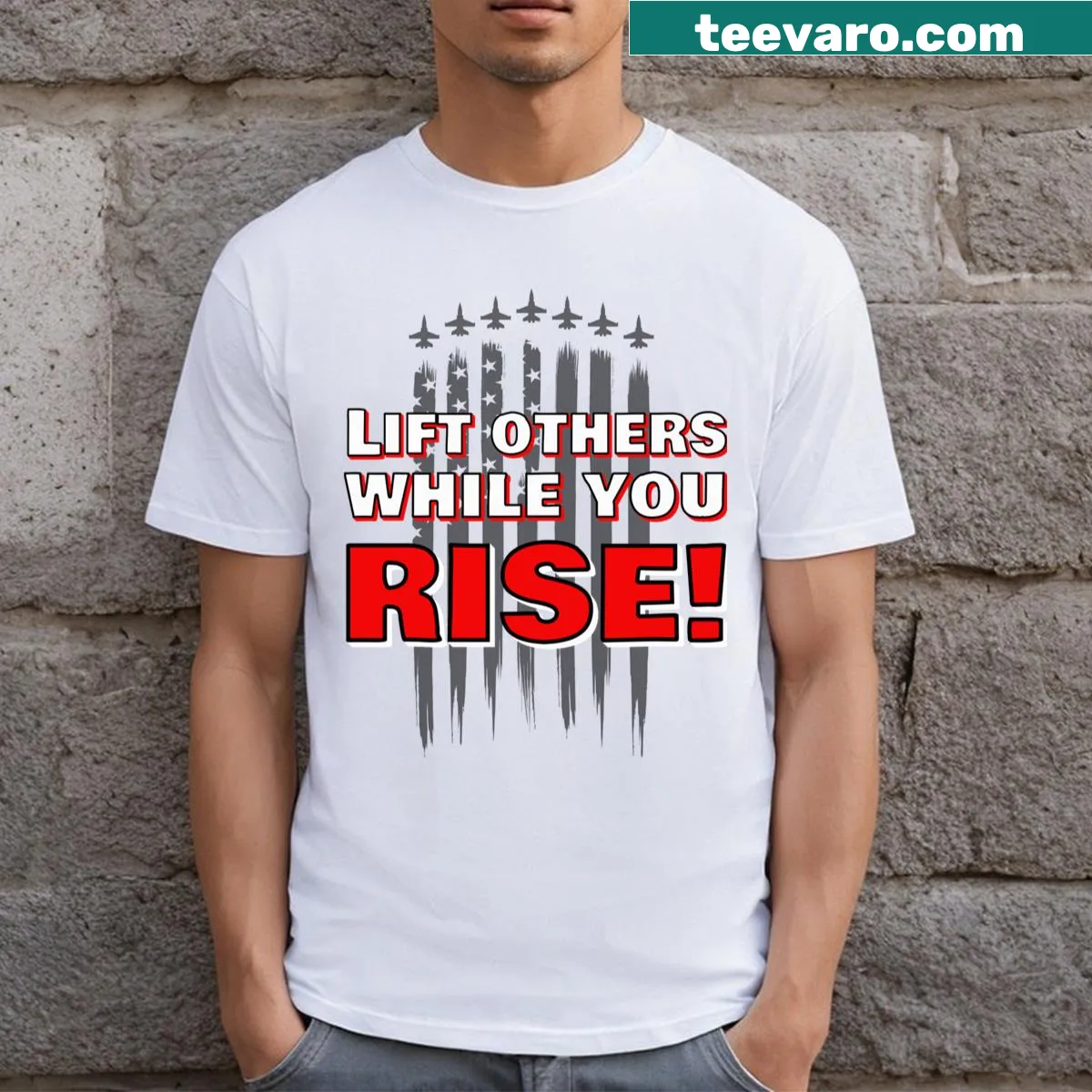 Inspirational T-shirt with the phrase Lift Others While You Rise! — on a men's t-shirt