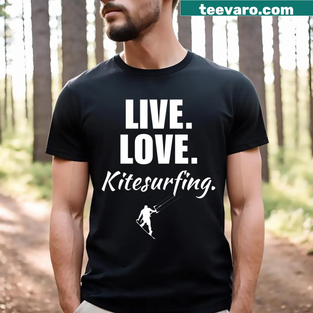 Funny kitesurfing shirt with the phrase Live Love Kitesurfing. — on a men's t-shirt
