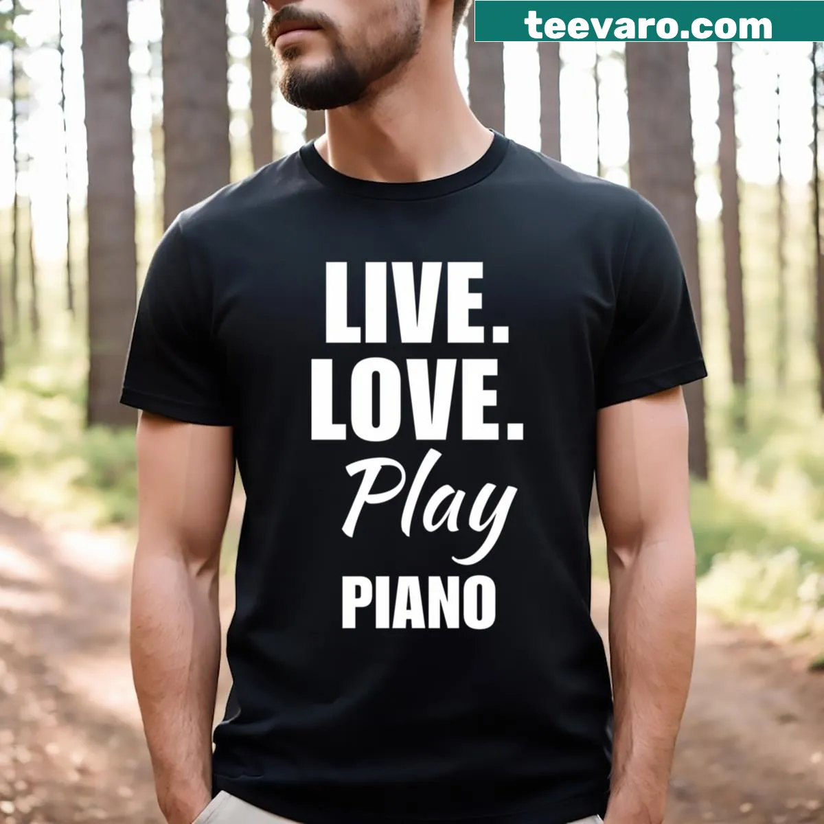 Funny T-shirt with the phrase 'Live Love Play Piano' — on a men's t-shirt