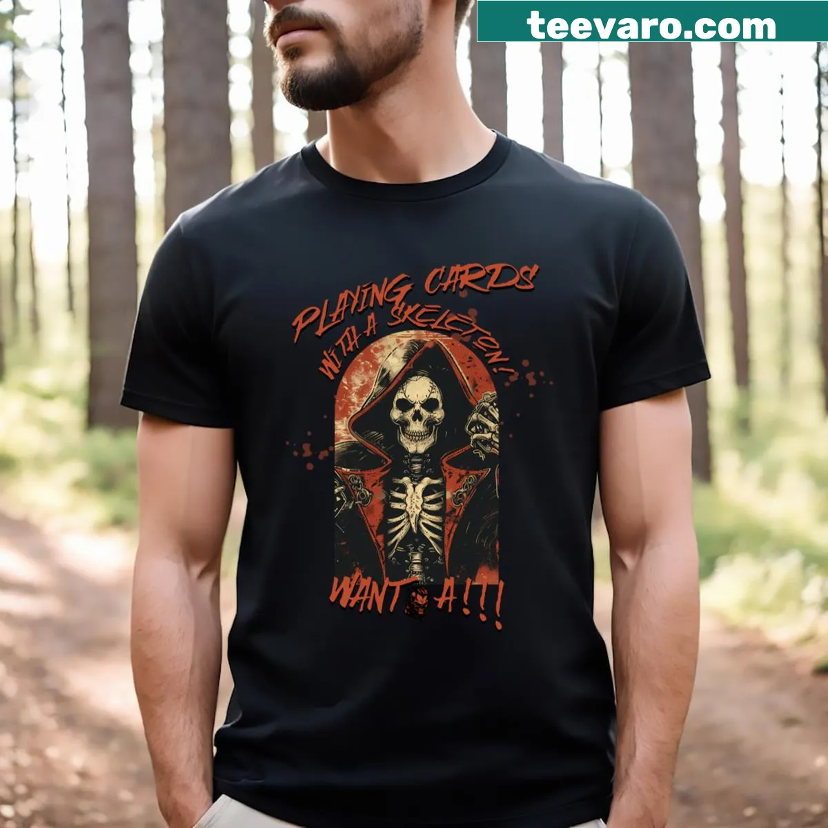 Esqueleto character graphic from a macabre game on T-shirt — on a men's t-shirt