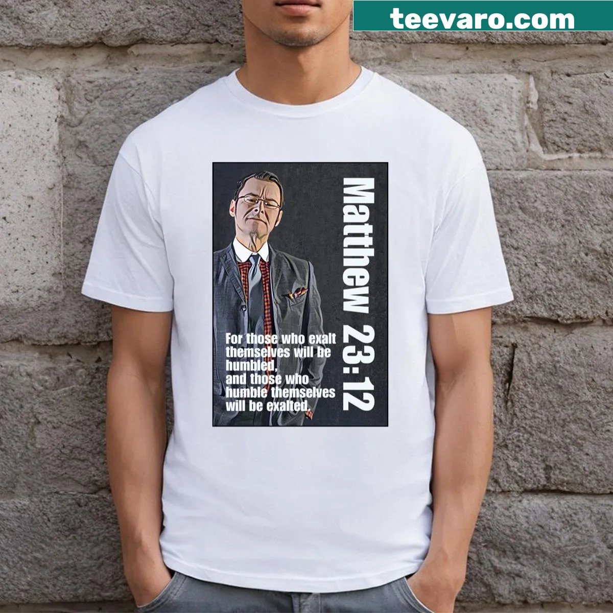 Inspirational Matthew 23:12 text T-shirt with simple design — on a men's t-shirt