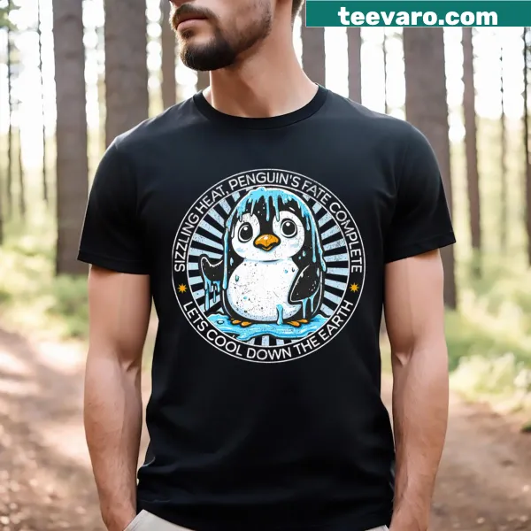 Cute melting penguin illustration on a global warming awareness t-shirt