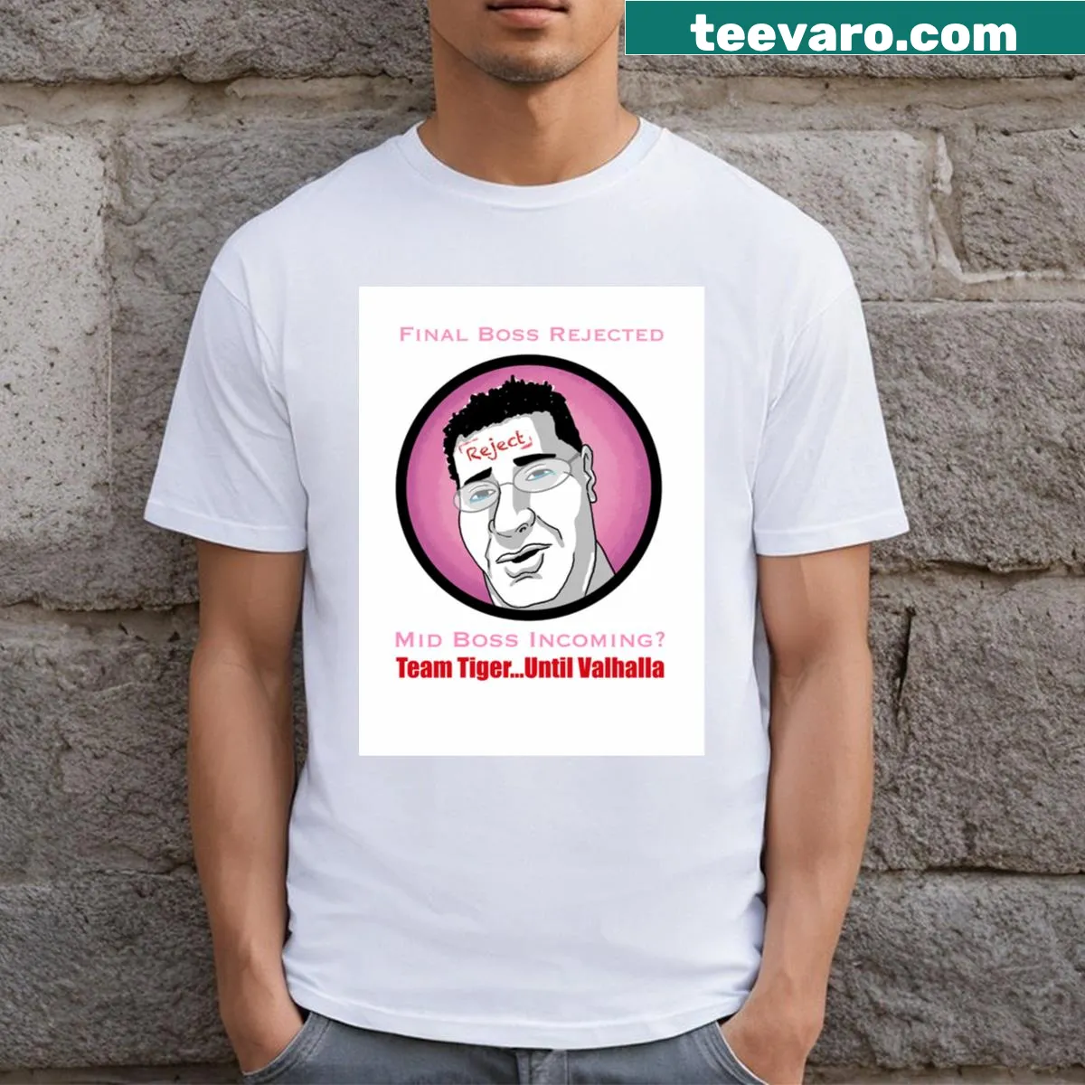 Illustrative Midboss graphic on a gamer T-shirt — on a men's t-shirt