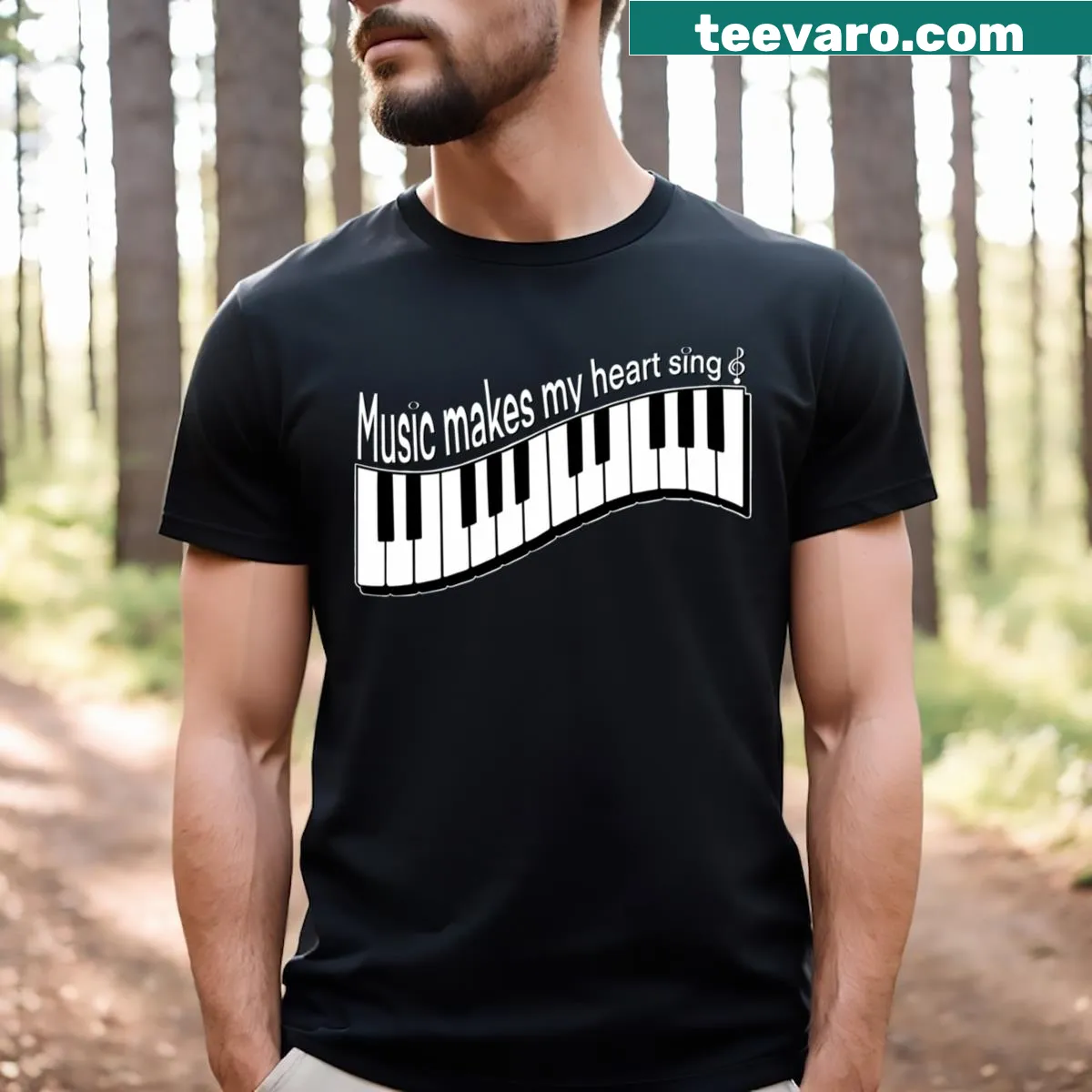 T-shirt showcasing three piano keys with the text 'Music Makes My Heart Sing' — on a men's t-shirt