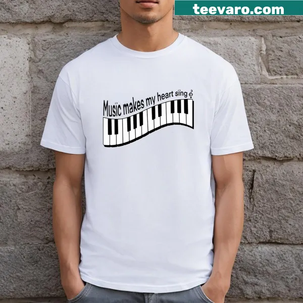 T-shirt with four piano keys graphic and text 'Music Makes My Heart Sing'