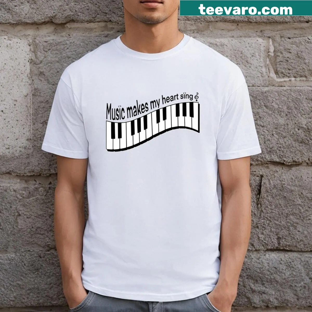 T-shirt with four piano keys graphic and text 'Music Makes My Heart Sing' — on a men's t-shirt