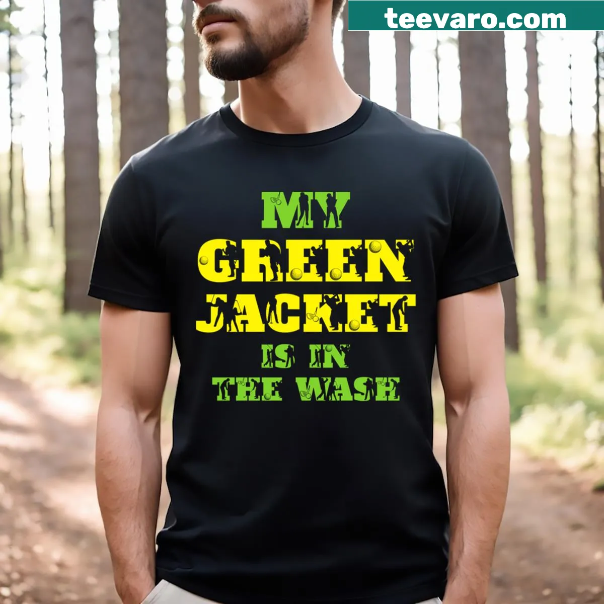Funny golfer's T-shirt with a humorous tagline about a green jacket — on a men's t-shirt